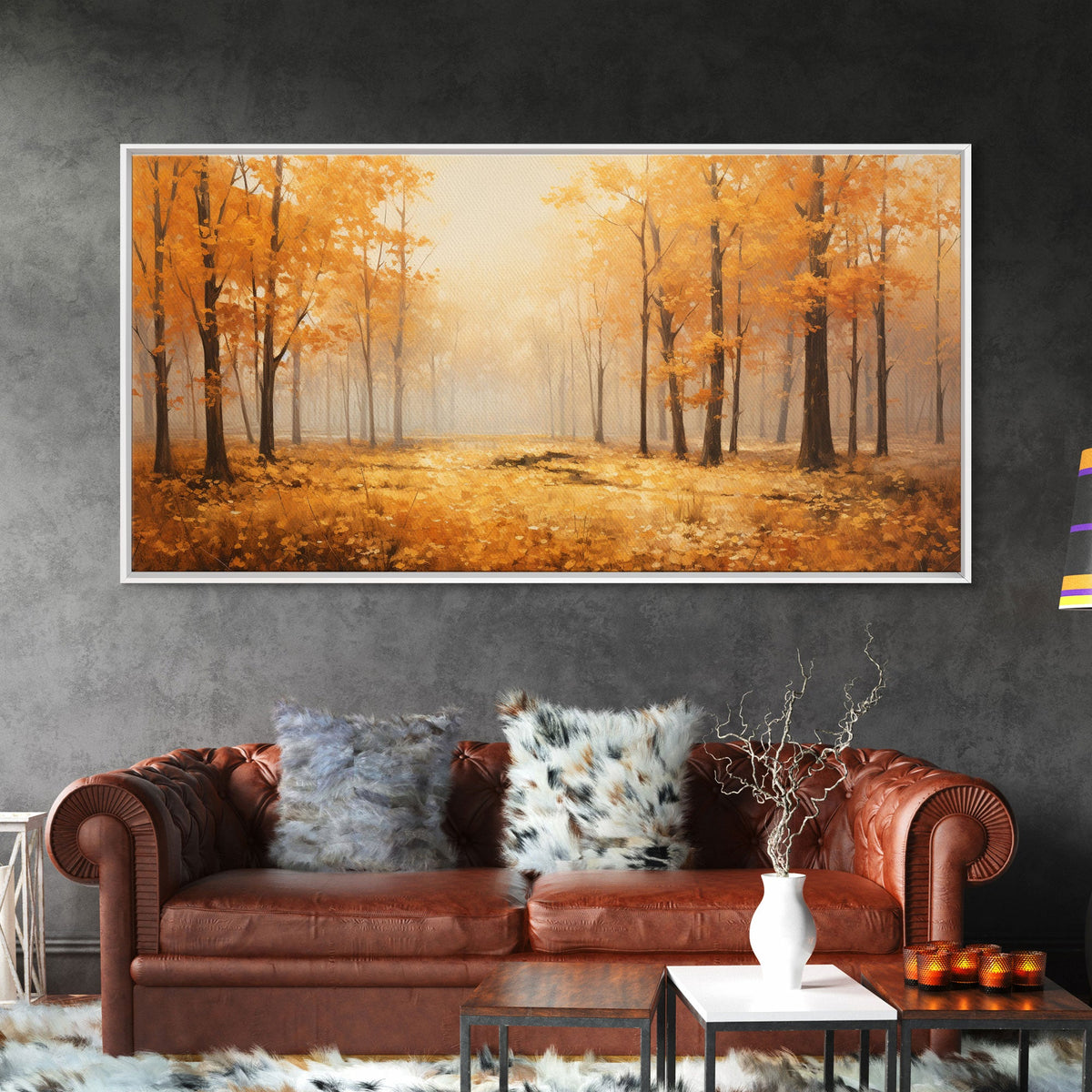 Fall Decor Framed Canvas Print | Trees With Falling Leaves | Fall Wedding Decor | Fall Home Decor | Fall Wall Decor | Rustic Fall Decor