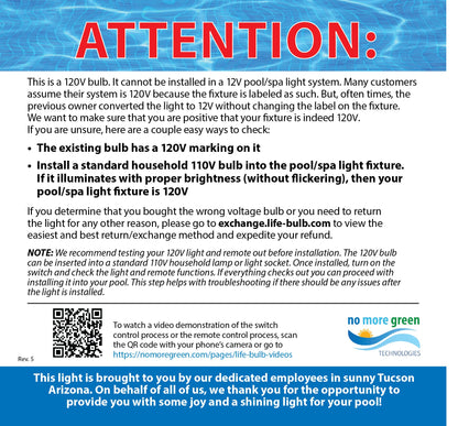 Life-Bulb Color LED Pool Replacement Bulb (E26 Base) | Replaces Pentair Amerlite & Hayward AstroLite (120V) | Lifetime Replacement Program