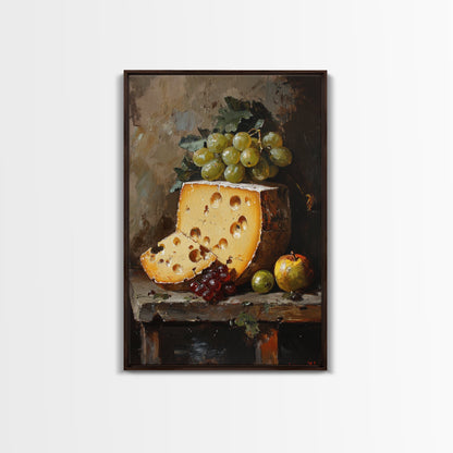Vintage Still Life of Cheese Canvas Print, Retro Kitchen Wall Art, Cheese Painting, Dining Room Wall Art