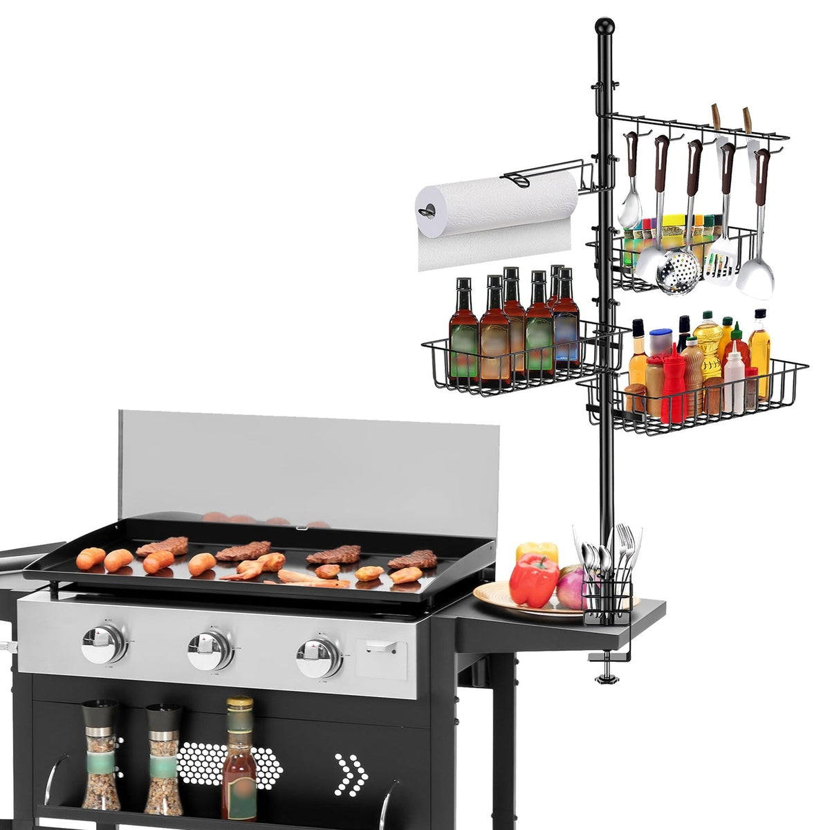 Griddle Caddy With Paper Towel Holder Hook Baskets BBQ Accessories Storage Rack Vertical Standing BBQ Organizer Grill Utensil Storage Fit For Blacksto