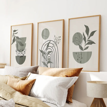3 Piece Boho Wall Art Prints. Green Mid-Century Abstract Decor