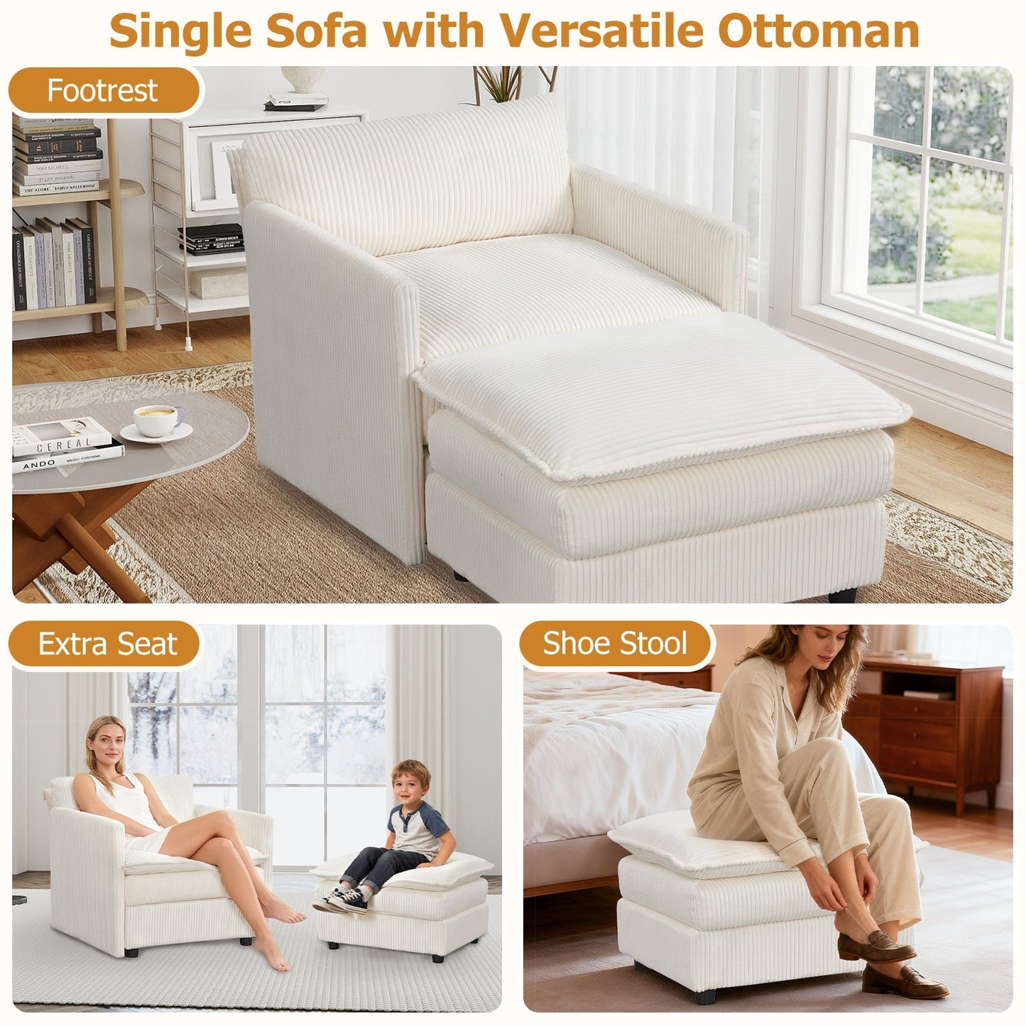 Oversized Accent Chair with Ottoman with Soft Corduroy Cushions-Beige