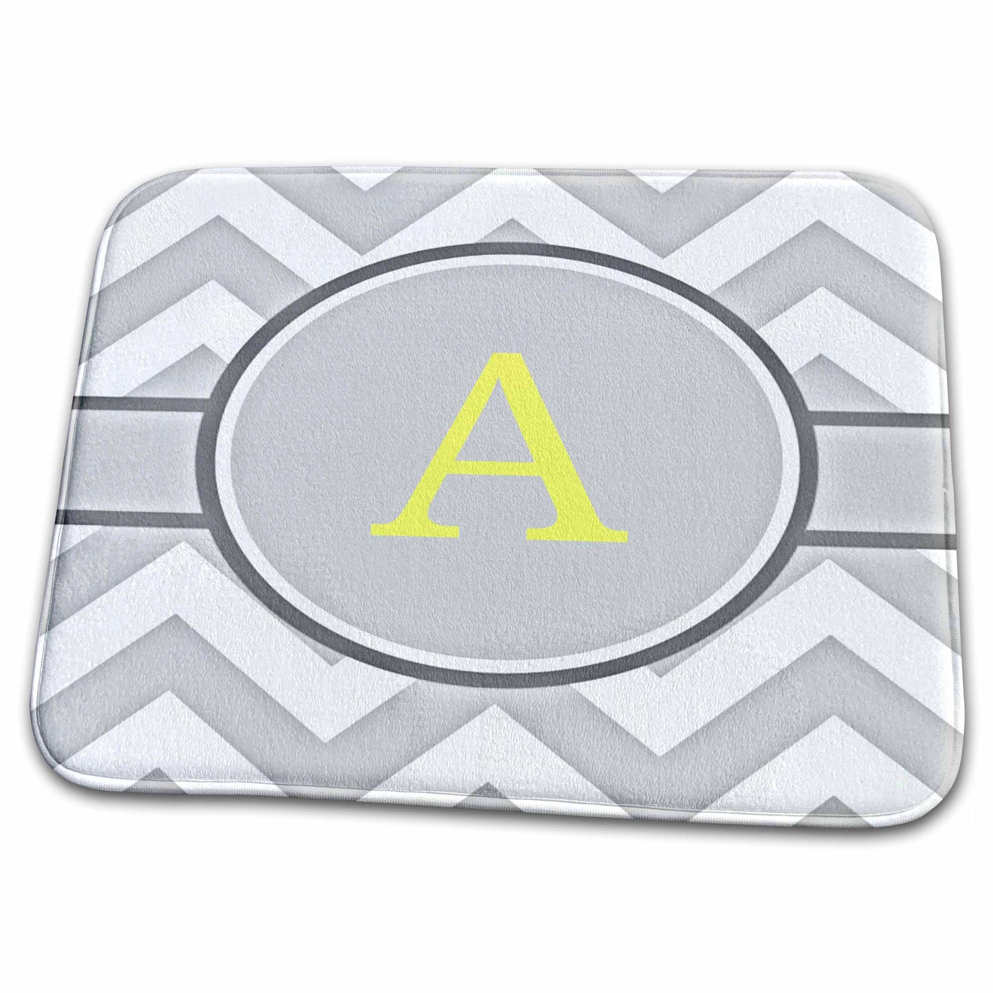 Dish Drying Mat - Grey and white chevron with yellow monogram initial A Designs