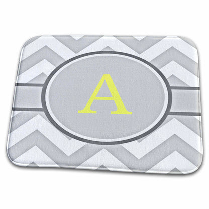 Dish Drying Mat - Grey and white chevron with yellow monogram initial A Designs