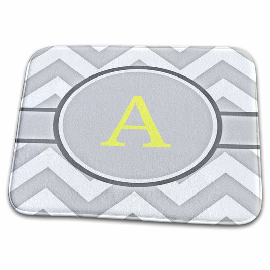 Dish Drying Mat - Grey and white chevron with yellow monogram initial A Designs