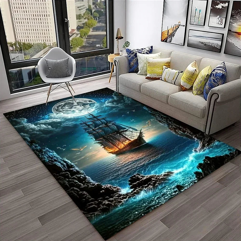 3D Pirate Ship Boat,Sailboat,Barque Carpet Rug for Home Living Room Bedroom Sofa Doormat Decor,kids Area Rug Non-slip Floor Mat