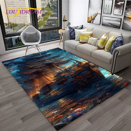 3D Pirate Ship Boat,Sailboat,Barque Carpet Rug for Home Living Room Bedroom Sofa Doormat Decor,kids Area Rug Non-slip Floor Mat