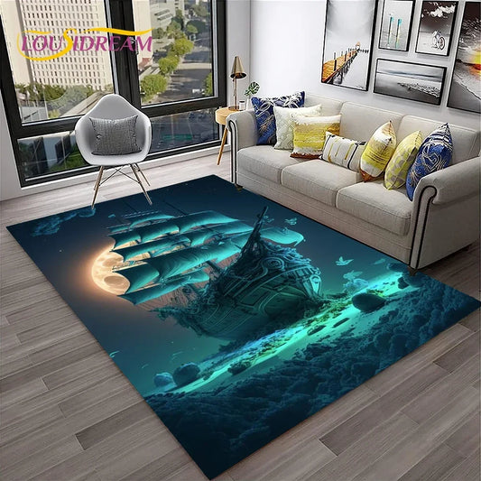 3D Pirate Ship Boat,Sailboat,Barque Carpet Rug for Home Living Room Bedroom Sofa Doormat Decor,kids Area Rug Non-slip Floor Mat