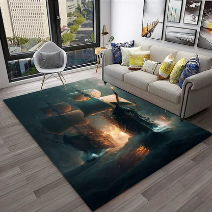 3D Pirate Ship Boat,Sailboat,Barque Carpet Rug for Home Living Room Bedroom Sofa Doormat Decor,kids Area Rug Non-slip Floor Mat
