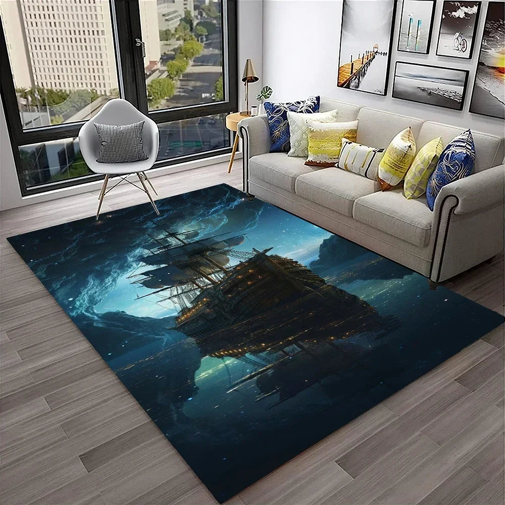 3D Pirate Ship Boat,Sailboat,Barque Carpet Rug for Home Living Room Bedroom Sofa Doormat Decor,kids Area Rug Non-slip Floor Mat
