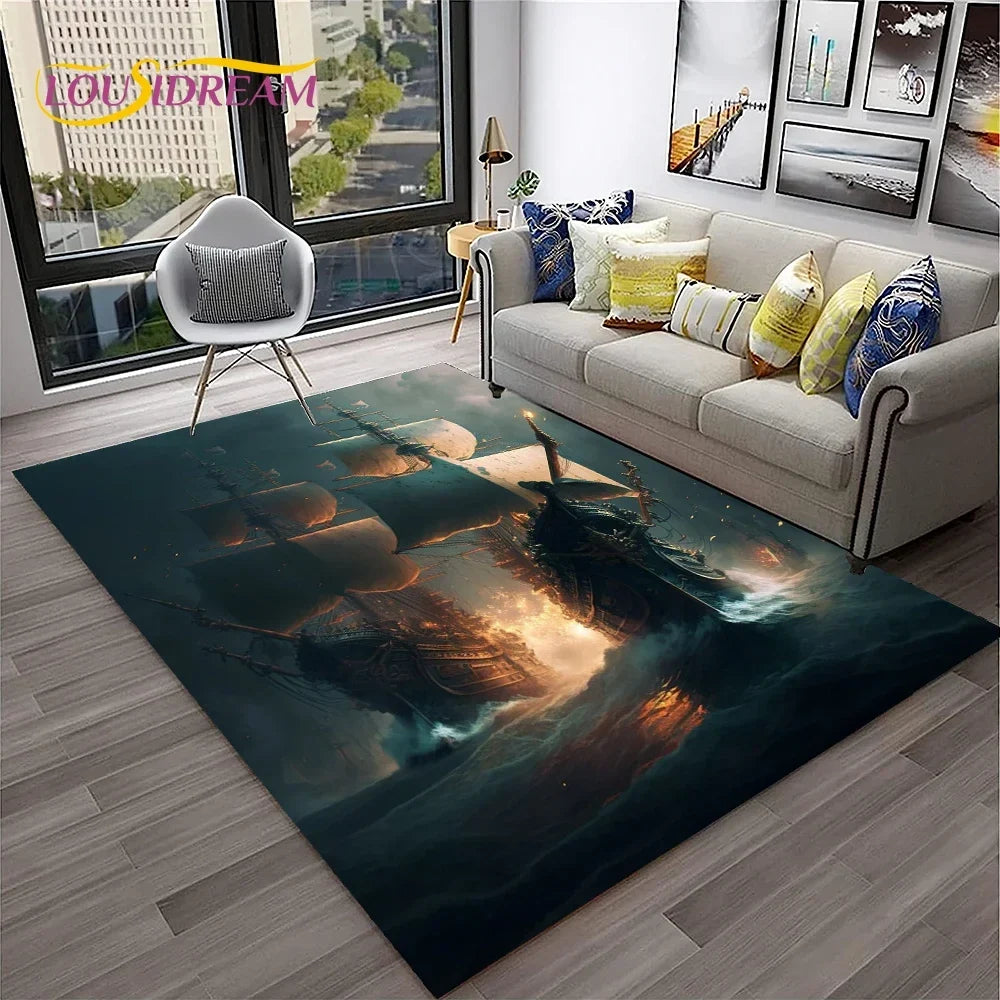 3D Pirate Ship Boat,Sailboat,Barque Carpet Rug for Home Living Room Bedroom Sofa Doormat Decor,kids Area Rug Non-slip Floor Mat