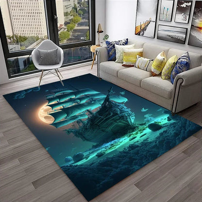 3D Pirate Ship Boat,Sailboat,Barque Carpet Rug for Home Living Room Bedroom Sofa Doormat Decor,kids Area Rug Non-slip Floor Mat