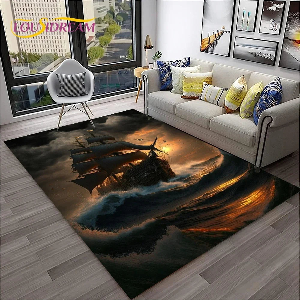3D Pirate Ship Boat,Sailboat,Barque Carpet Rug for Home Living Room Bedroom Sofa Doormat Decor,kids Area Rug Non-slip Floor Mat